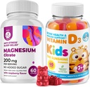 Vitamina D Gummies para niños pequeños Adultos 2000 UI y Magnesio Gummies - Vitamina sana D3 Suplementos 1000IU - Gelatina vegetariana Apoyo sin inmunes con cerdas de magnesio sin azúcar para niños adultos