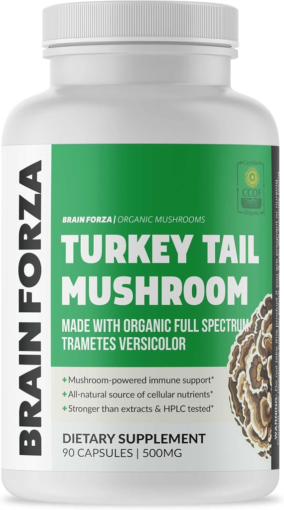 Cerebro Forza Orgánica Turquía Tail Mushroom Capsules, Mushroom Powdered Immune Support, Liver and Digest Health Support, Organic Defense Support, Non-GMO, Vegan, Orgánico, 90 cápsulas