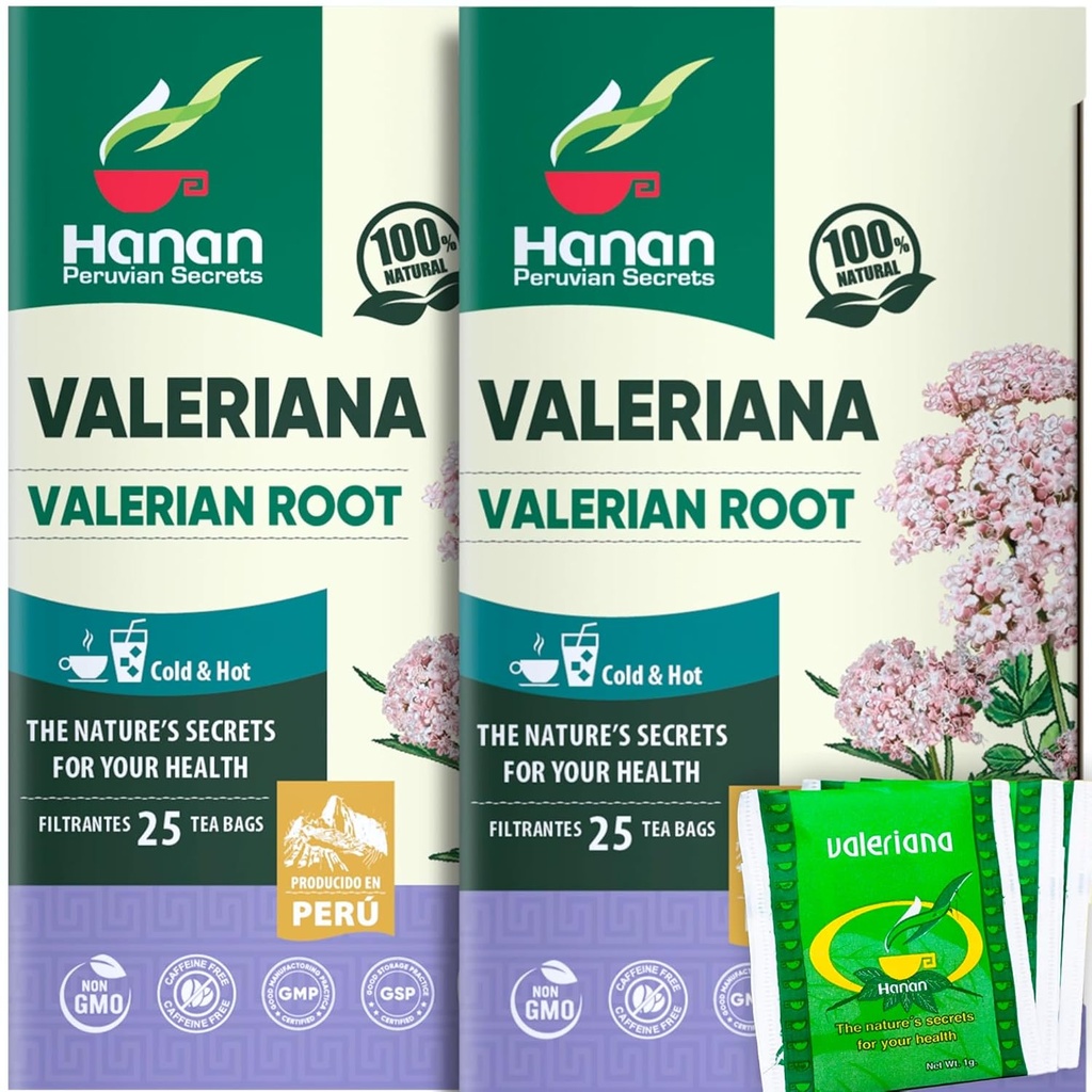 Hanan Valerian Root Tea for Bedtime (50 Bags) - Te de Valeriana, Herbal Calming Night Tea - 100% Pure, Caffeine-Free, Non-GMO, Herb from Peru - Pack of 2 Boxes