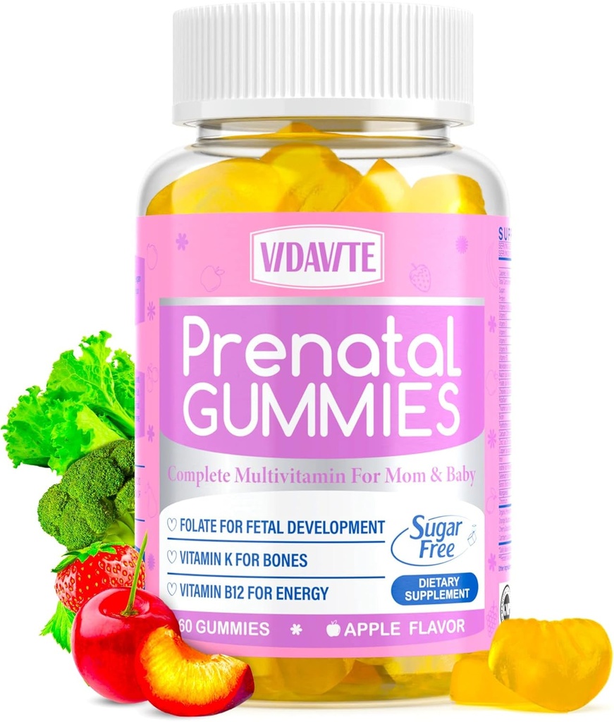 Gummies prenatales gratis de azúcar — 30+ Nutrientes (Choline, Folate, Iron, Vitamina) para Apoyo Fetal y Neural, Huesos, Energía e Inmunidad — EE.UU.-Made Vegan Vitaminas Prenatales para Mujeres (60 Gummies)