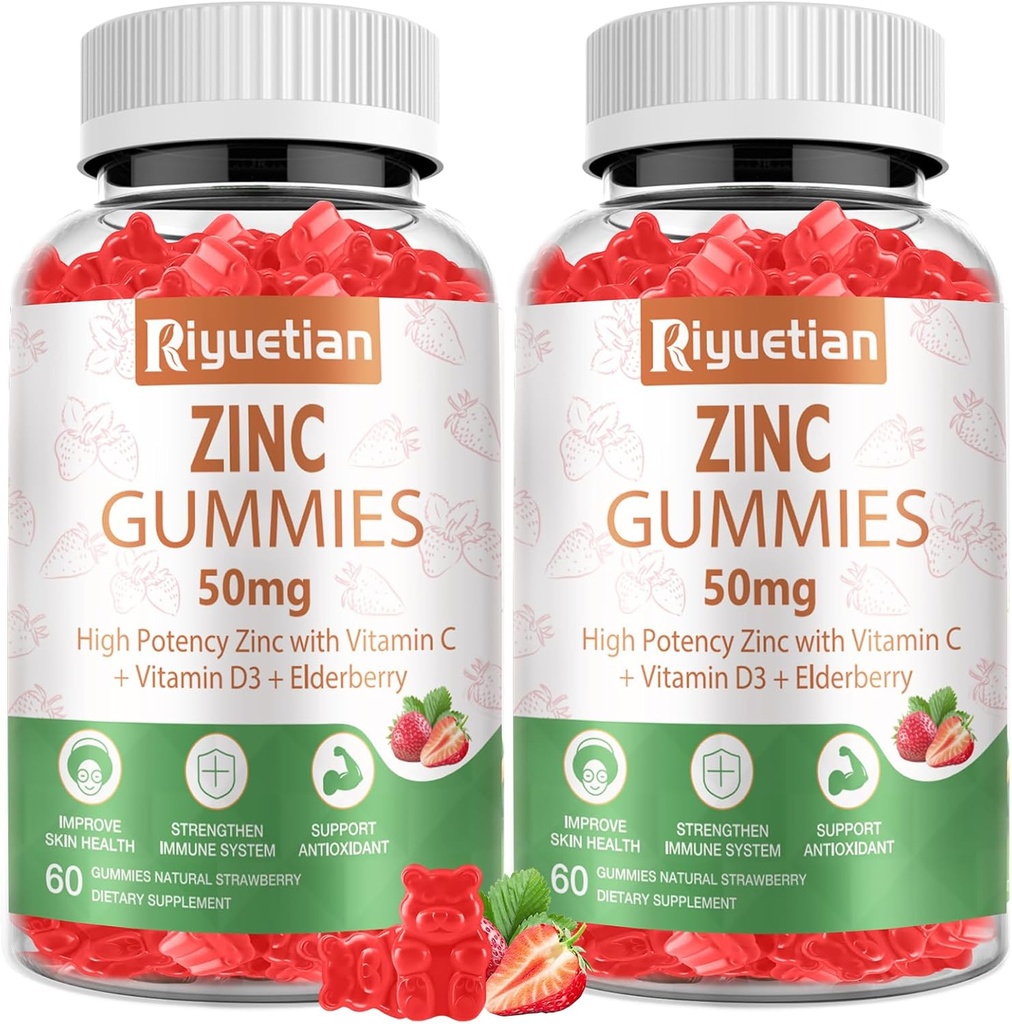 Zinc Gummies 50mg - Vitamina C, D3 &amp; Elderberry, Echinacea, Zinc Immune Health Gummies, Non-GMO, Natural Antioxidant Supplements for Men &amp; Women, Vegan 2 Pack