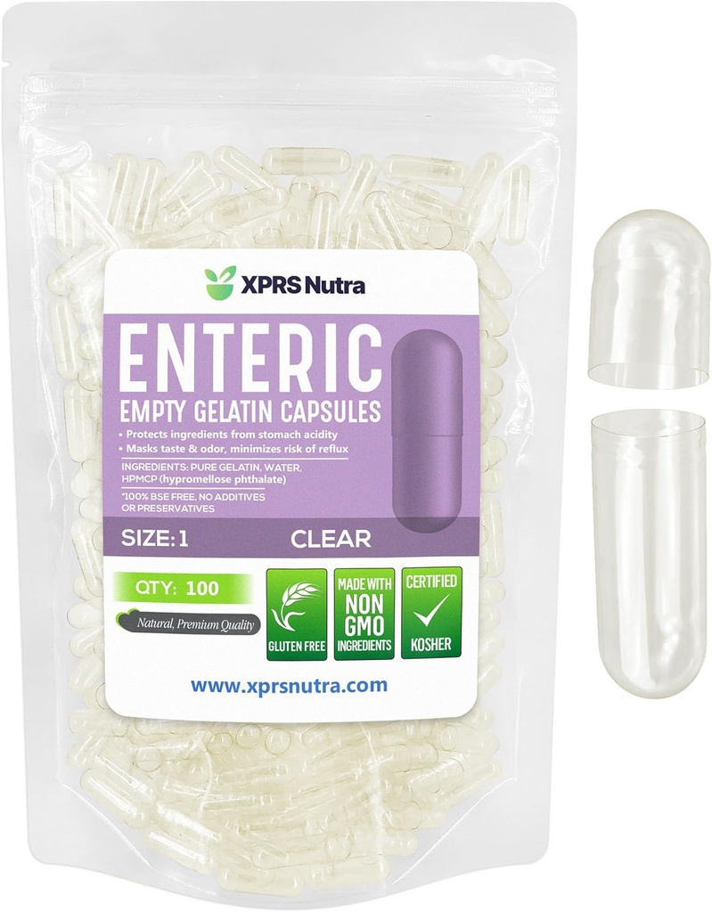 XPRS Nutra Size 1 Empty Capsules - 100 Count Clear Enteric Coated Empty Gelatin Capsules - Delayed Release Pills - DIY Capsule Filling - Pure Bovine Empty Enteric Gel Caps