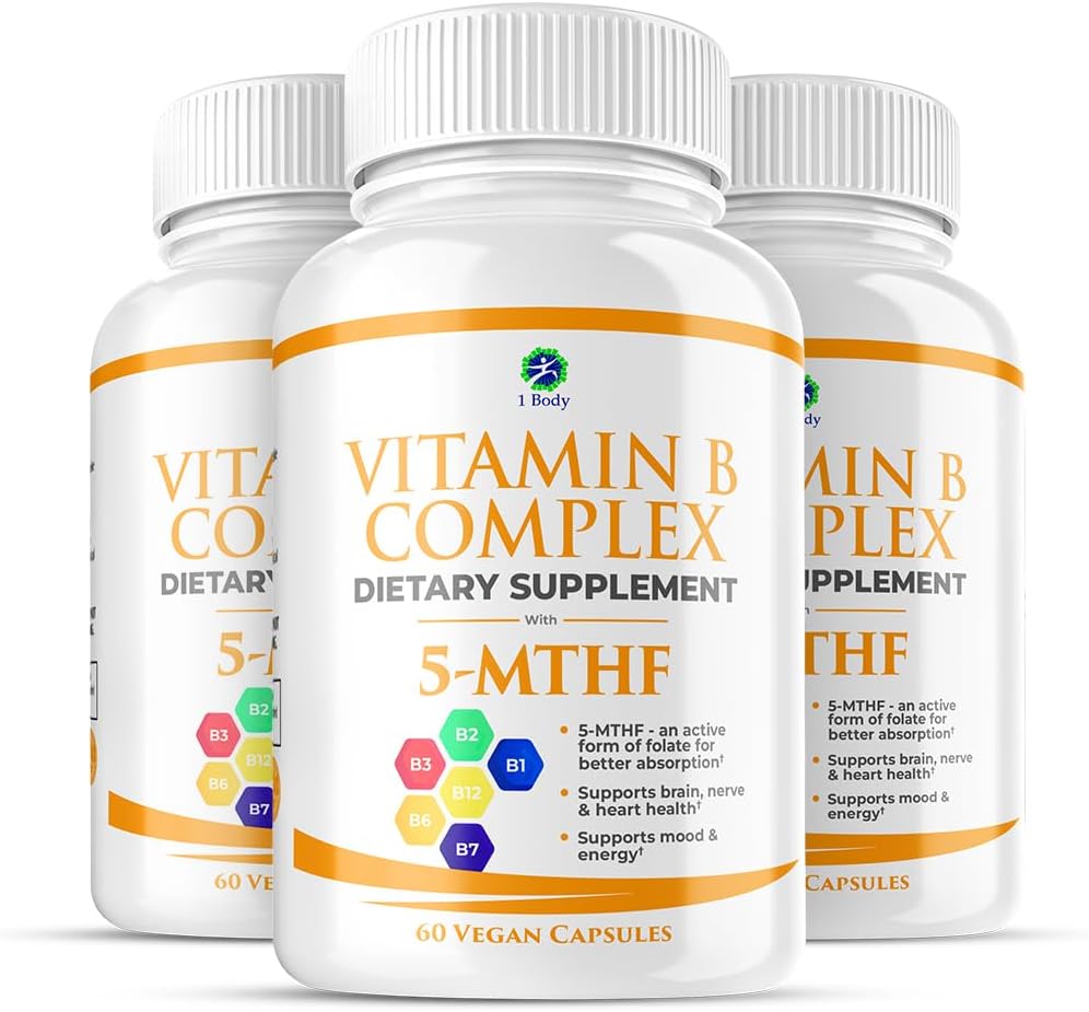 1 Complejo de vitamina B corporal 3 Pack – Vitaminas B biodisponibles con folato de 5 MTHF, B1, B2, B5, B6, Metil B12, Niacina & Biotina – No GMO, Vegan, Made in USA