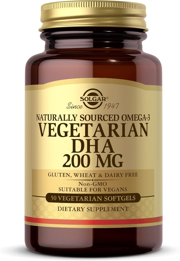 Solgar Vegetarian DHA 200 mg - 50 Vegetarian Softgels - Naturalmente Fuente Omega-3 - Vegan, Gluten Gratis, Dairy Gratis - 50 Servings