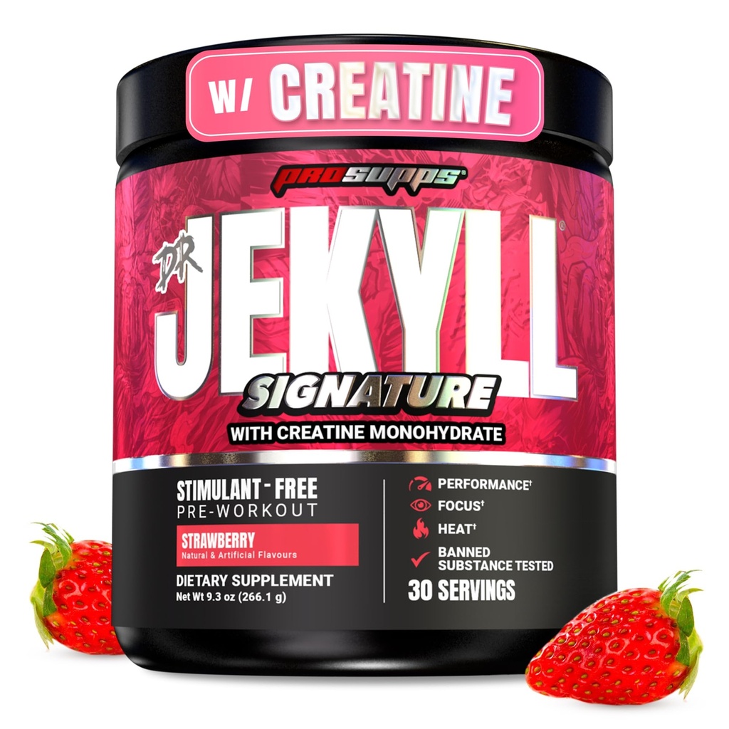 PROSUPPS Dr. Jekyll Signature Pre Workout Powder with Creatine - Stim-Free Preworkout Supports Muscle Volume &amp; Endurance - Suplementos de gimnasia sin cafeína (Strawberry, 30 Servings)