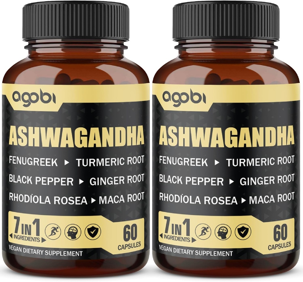 2 Packs 60 cápsulas - 8050 mg Ashwagandha Extracto Suplemento - 7in1 con Fenugreek, Maca, Turmeric, Rhodiola, Ginger &amp; Black Pepper - Spirit, Immune & Energy Support - 4 Month Supply