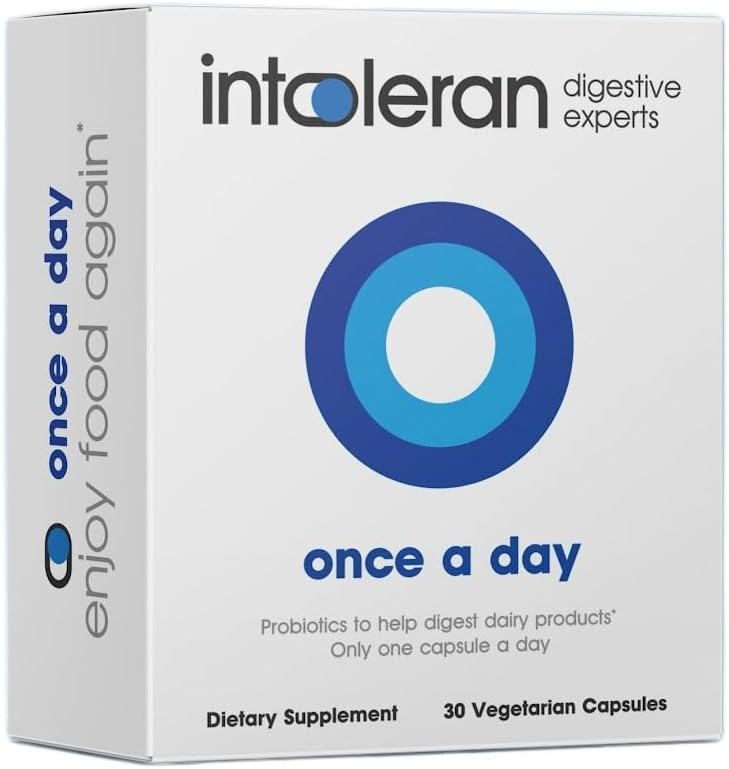 Intoleran Once a Day - 30 Capsules ← Probiótico Lactose Intolerance Suplemento  Produce Activamente Enzyme Lactase &amp; Helps Digest Dairy ← 1 Cápsula por día ← 6 Lactic Acid Ferments ← Pure &amp; Dairy Free