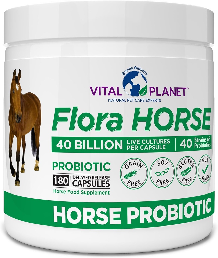 Planeta Vital - Flora Horse Probiotic, High Potency Equine Probiotics with Prebiotics, 40 Billion Live CFU from Multiple Strains, Digestive and Immune Support, 180 Delayed Release Capsules (180 Days)
