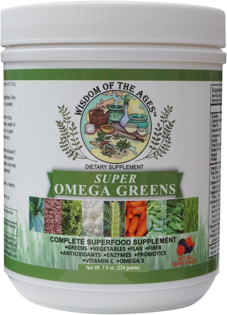 Super Omega Greens Suplemento completo de Superalimentos con Verdes, Verduras, Flax, Fibra, Antioxidantes, Enzimas, Probióticos, Vitamina C y Omega 3-7.9oz Polvo