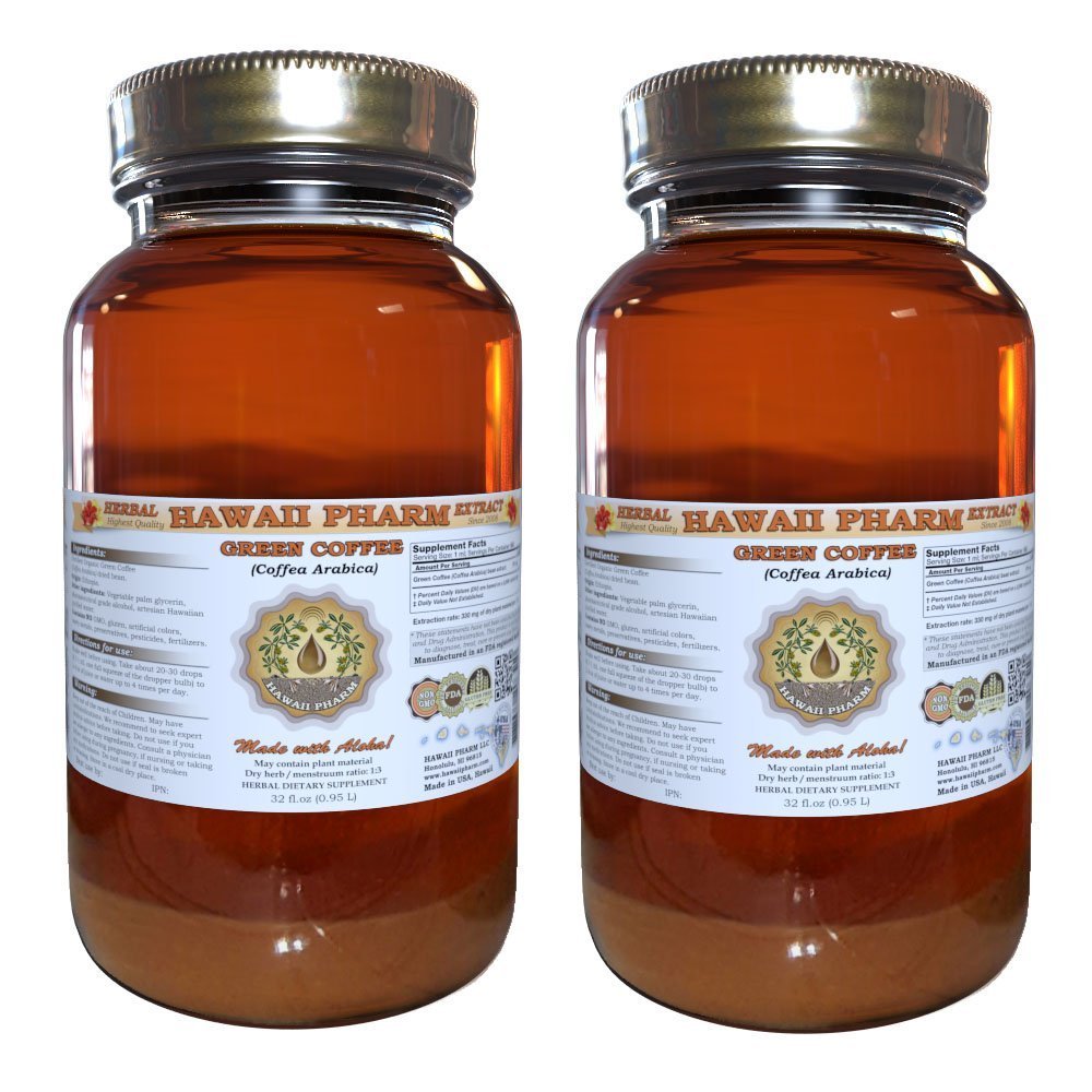 Hawaii Pharm Green Coffee Liquid Extract, Green Coffee (Coffea Arabica) Bean Powder Tincture Supplement 2x32 oz Unfiltered