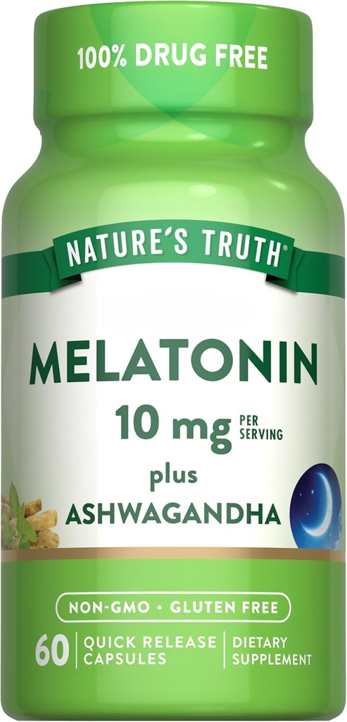 La verdad de la naturaleza Melatonin 10mg con Ashwagandha ← 60 cápsulas ← Suplemento gratuito para adultos