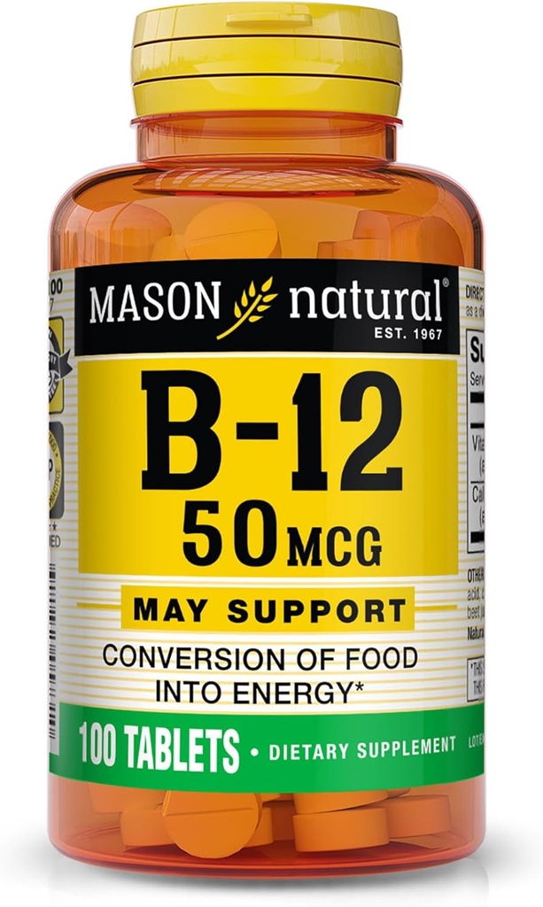 MASON NATURAL Vitamina B12 50 mcg con Calcio, Suministro de 100 días, Suplemento dietético para apoyar los niveles de energía natural, 100 Tabletas (Pack of 1)