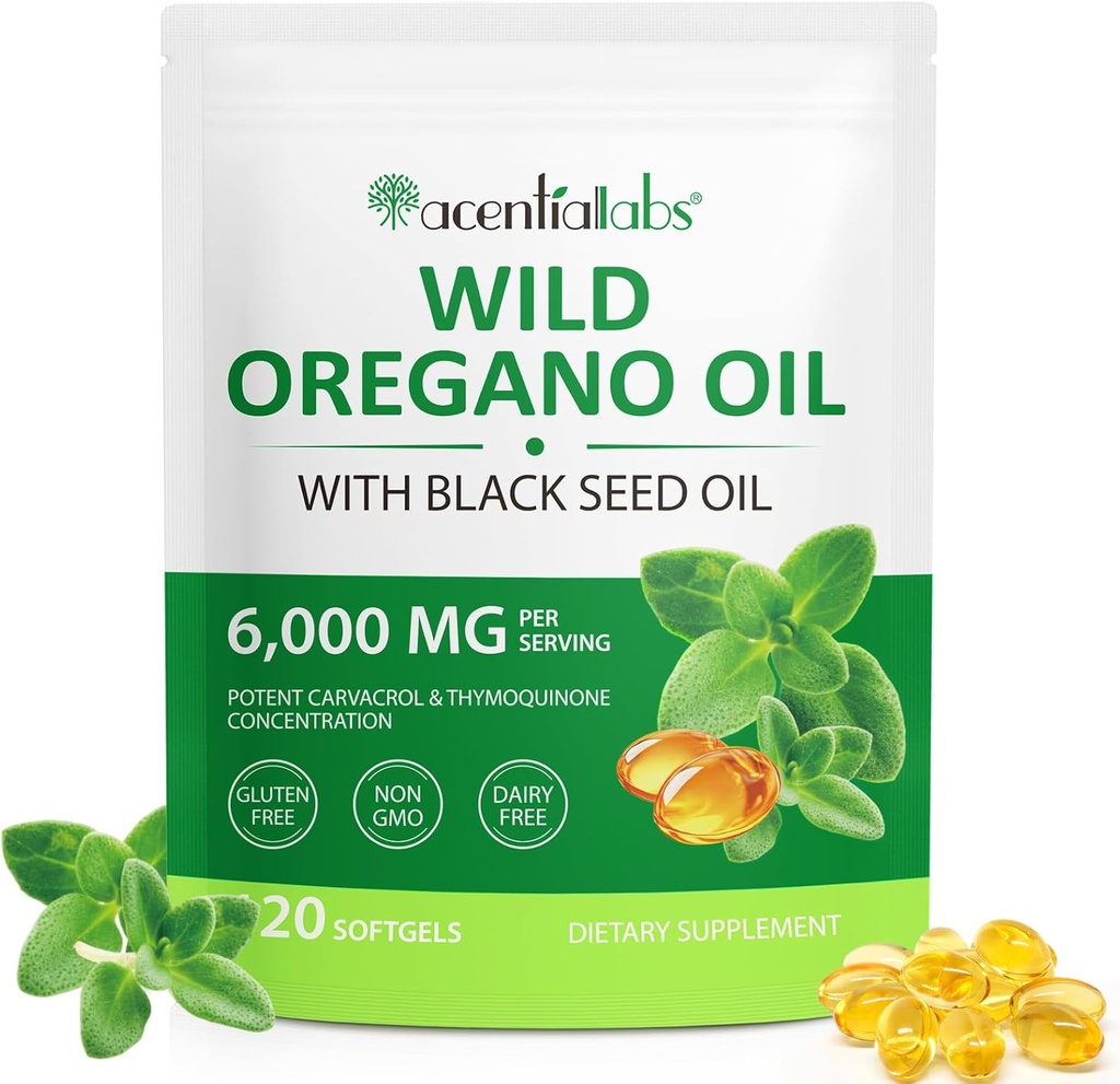 Oil of Oregano Softgels 6000mg Por Serving - Oil of Oregano with Black Seed Oil - Potent Carvacrol & Thymoquinone ANTE Immune Support, Digestive Health & Antioxidant ← Non-GMO, Gluten-Free, Dairy-Free