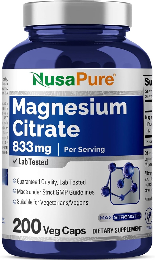 NusaPure Magnesium Citrate 833mg - 200 Veggie Capsules (Vegetariano, No GMO, Vegan)