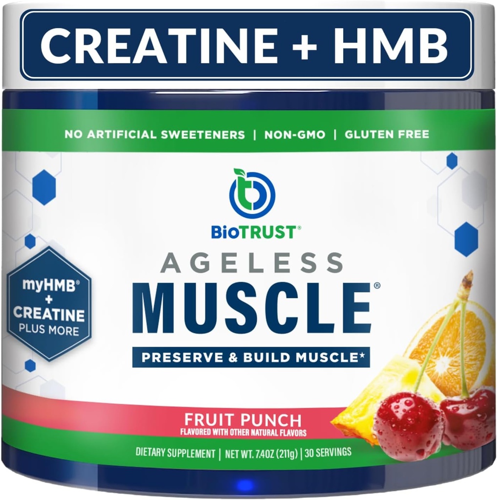BioTrust Ageless Muscle Builder - Creatine HMB Powder with Vitamin D3 " Betaine - Build " Preserve Naturally Declining Muscle Mass " Strength - Fruit Punch, 30 Servings