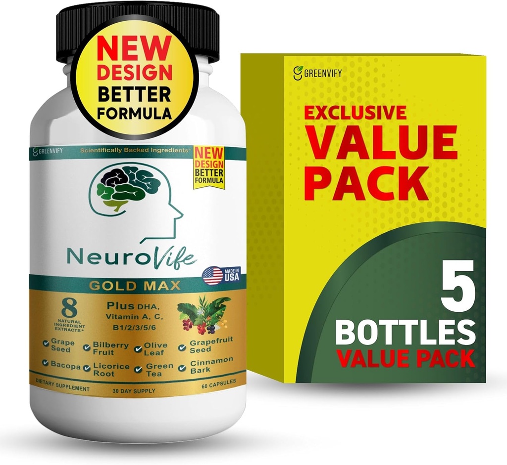 NeuroVife Gold Max Brain Support Suplemento Silencio 8 Extractos naturales con DHA, Vitaminas A, C, B Complejo tención 60 Veggie Capsules  Made in USA (5)