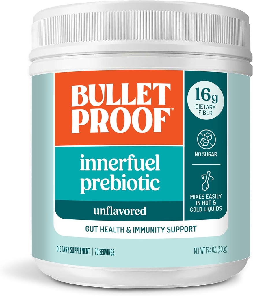 Bulletproof Unflavored Innerfuel Prebiotic Fiber Powder, 13.4 onzas, Suplemento para Gut Health, Salud Digestiva y Apoyo Inmunitario, Prebióticos de origen vegetal, 0g Sugar, Embalaje mayo Vary