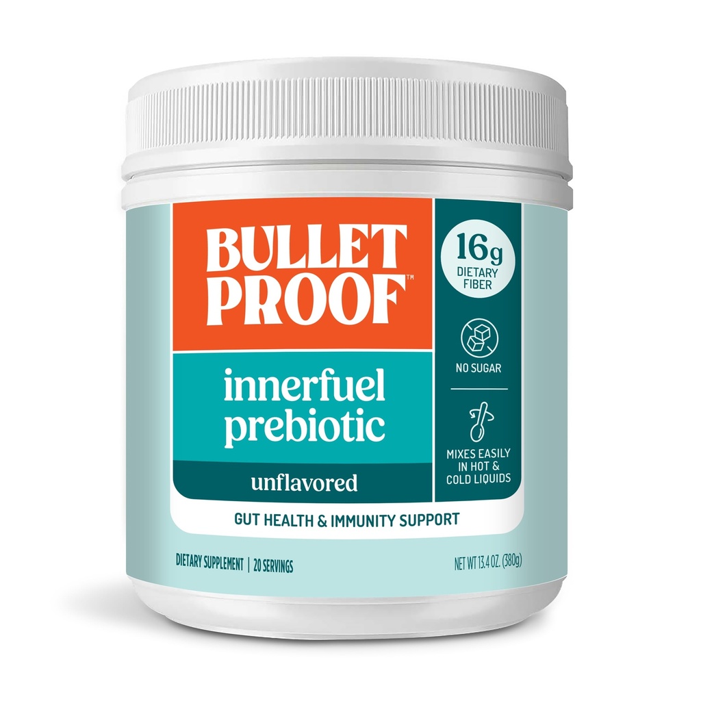 Bulletproof Unflavored Innerfuel Prebiotic Fiber Powder, 13.4 onzas, Suplemento para Gut Health, Salud Digestiva y Apoyo Inmunitario, Prebióticos de origen vegetal, 0g Sugar, Embalaje mayo Vary