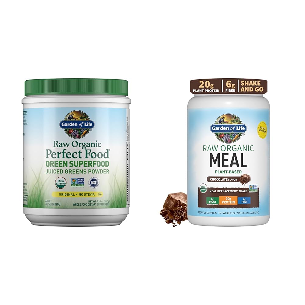 Garden of Life Raw Organic Perfect Food Green Superfood Juiced Greens Powder & Raw Organic Meal Replacement Shakes - Chocolate Plant Based Vegan Protein Powder