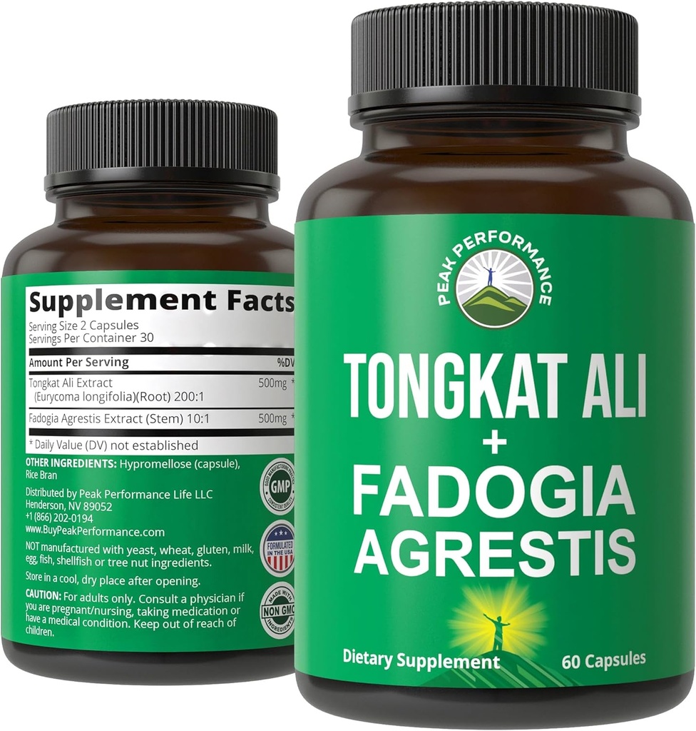 Tongkat Ali + Fadogia Agrestis 2-in-1 T Suplemento para Hombres. Ultra High Strength Tongkat-Ali Longjack Extracto + Fadogia Agrestis Extracto. Cápsulas Vegan. Apoyo a la Energía Natural. USA Tested Pills