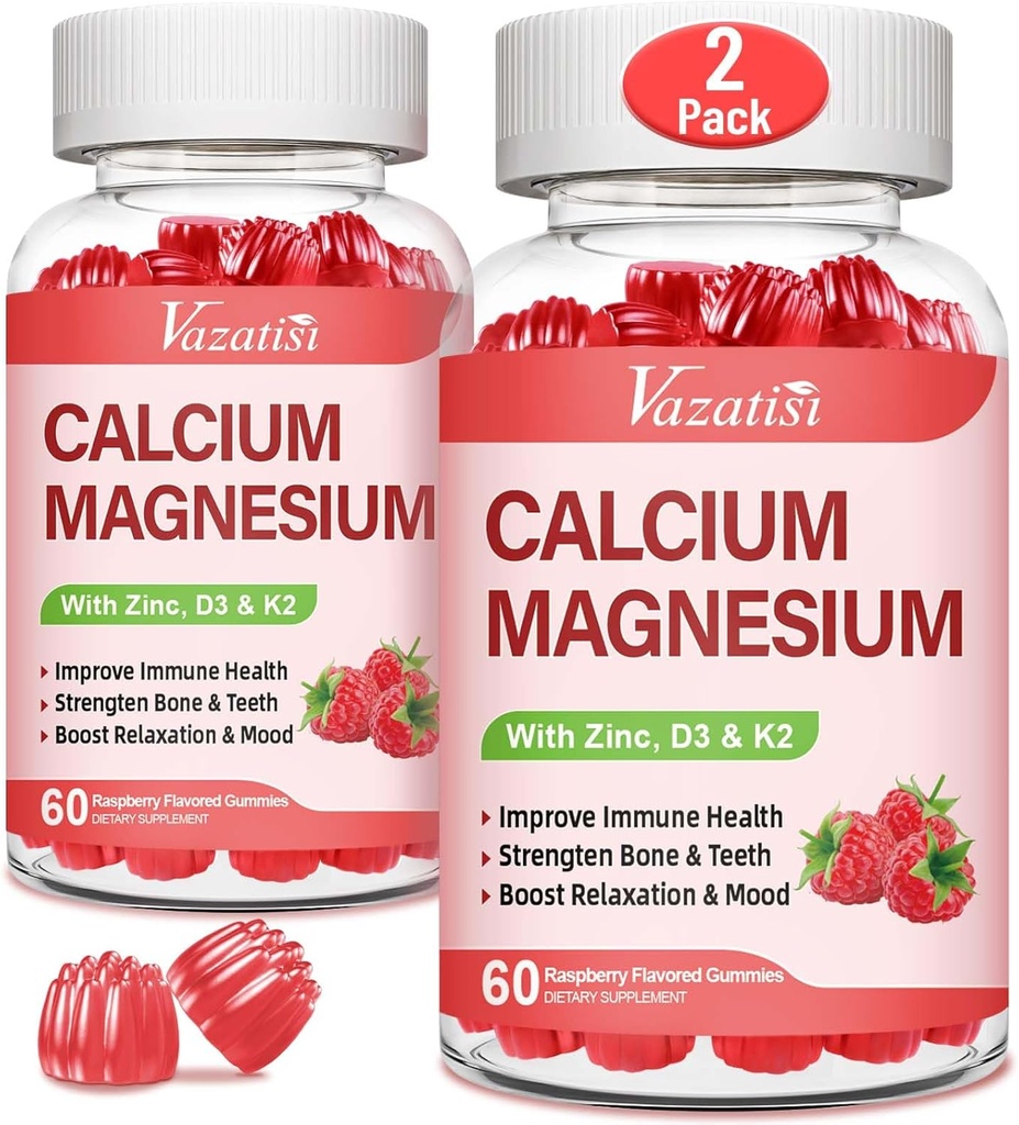 Calcio Magnesio Zinc Gummies con vitamina D3 & K2, Alta Absorción Magnesio Glycinate Potasio para Immune y Calm Mood, Raspberry Flavor 120 Gummies