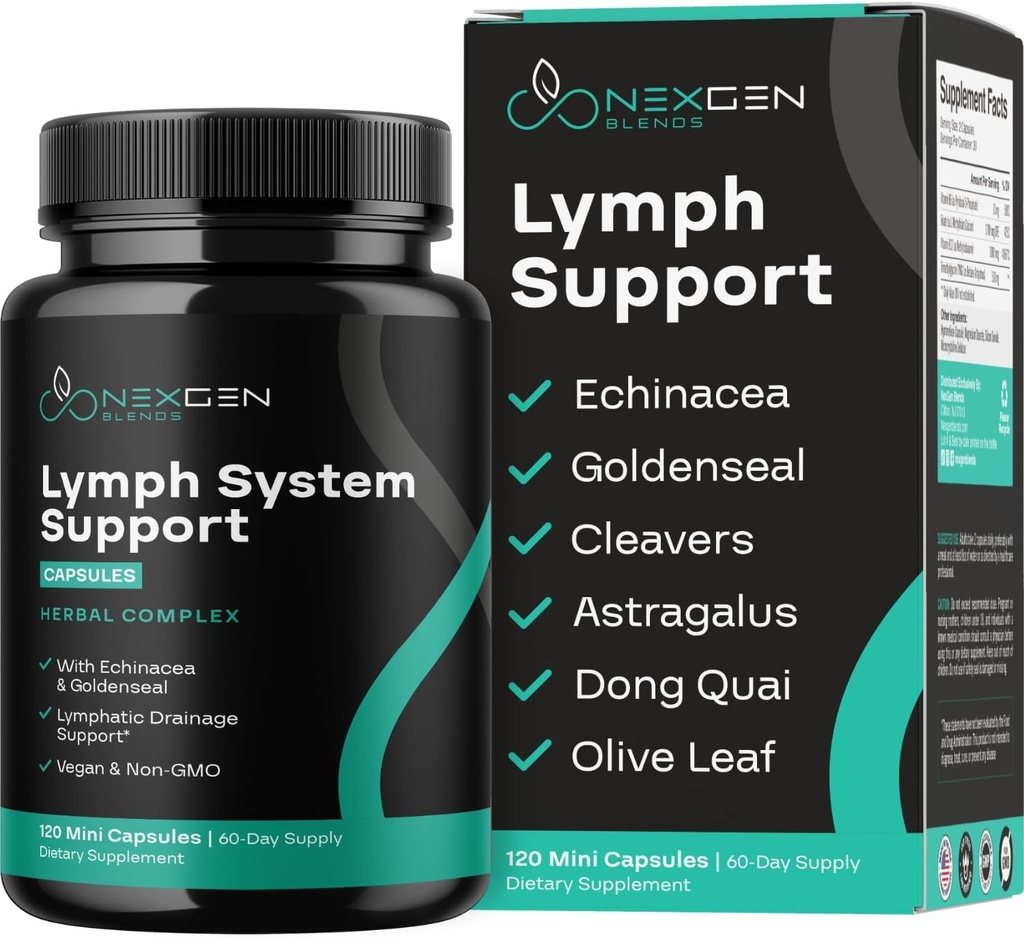 Herbal Lymph System Support Supplement - Lymphatic Support Complex with Echinacea Goldenseal Astragalus & Hydroxytyrosol for Lymphatic Drainage & Immune Support - Vegan Non-GMO Gluten Free (2 Mes)