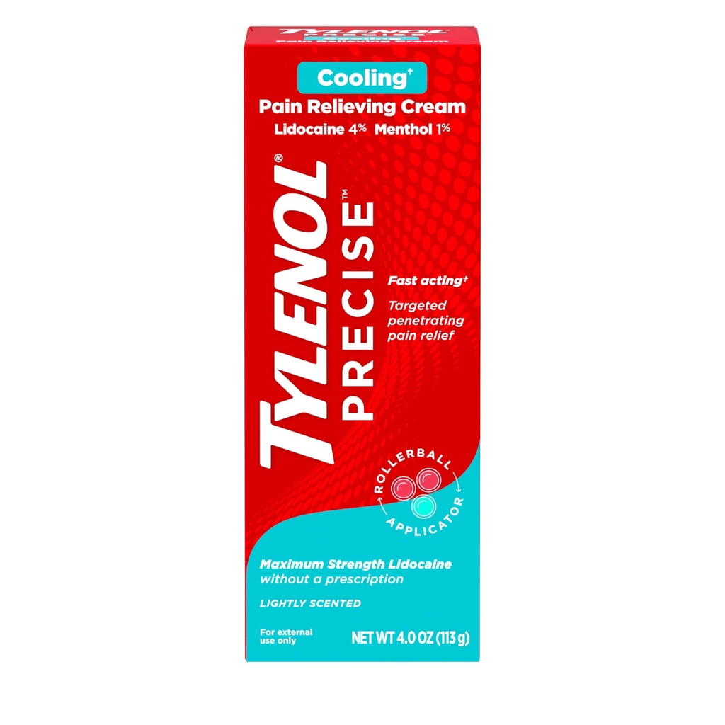 Tylenol Precise Cooling Cream, Strong Pain Relief with Fast-Acting Sensation, 4% Lidocaine, 1% Menthol, Maximum OTC Strength Relief for Back, Muscle & Joint, Numbing Cream Rollerball Applicator, 4 oz