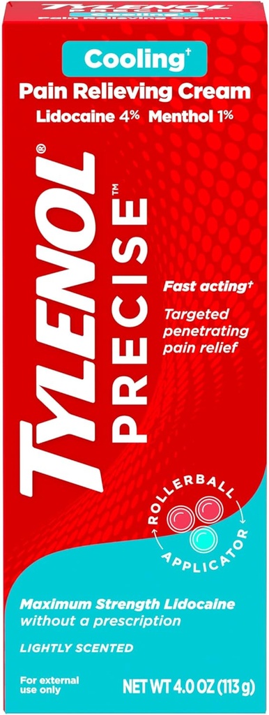 Tylenol Precise Cooling Numbing Cream, Maximum Strength 4% Lidocaine & 1% Menthol Topical Analgesic, Doin Relief Cream for Back, Muscle & Joint, Rollerball Applicator, Fast-Acting, Light Scent, 4 oz