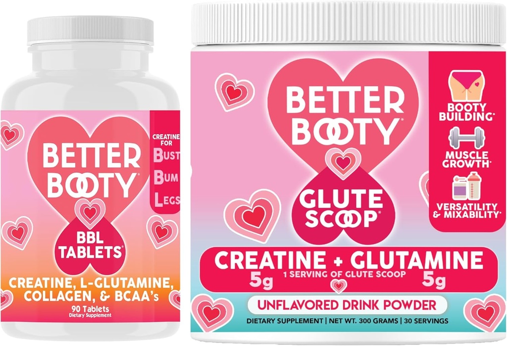 Suplementos Angry Better Booty Women's Creatine Combo: BBL Tablets (90ct) w. Creatina, Glutamina, BCAA's, Collagen + Glute Scoop Creatine &amp; Glutamine Unflavored Drink Mix