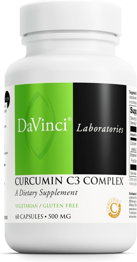 Complejo de Curcumina C3 de laboratorios DAVINCI - Suplemento dietético de apoyo Función de la vesícula y hígado saludable - con Curcuminoides y extracto de fruta de bioperina - sin gluten - 60 cápsulas vegetarianas