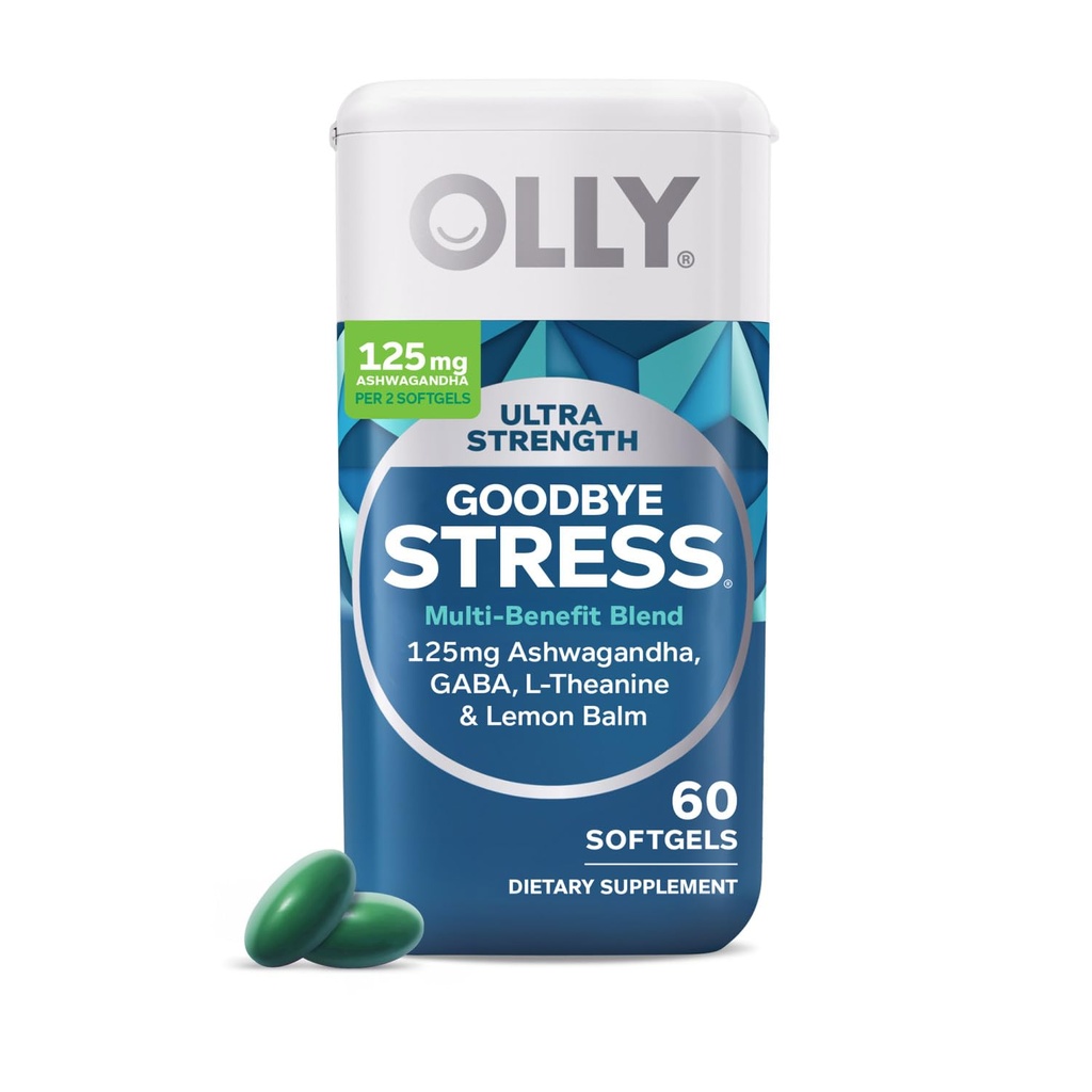 OLLY Ultra Strength Bye Stress Softgels, GABA, Ashwagandha, L-Theanine y Lemon Balm, Stress Relief Supplement - 60 Count