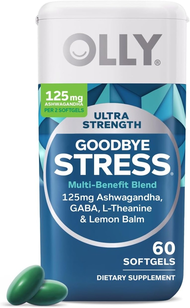 OLLY Ultra Strength Bye Stress Softgels, GABA, Ashwagandha, L-Theanine y Lemon Balm, Stress Relief Supplement - 60 Count