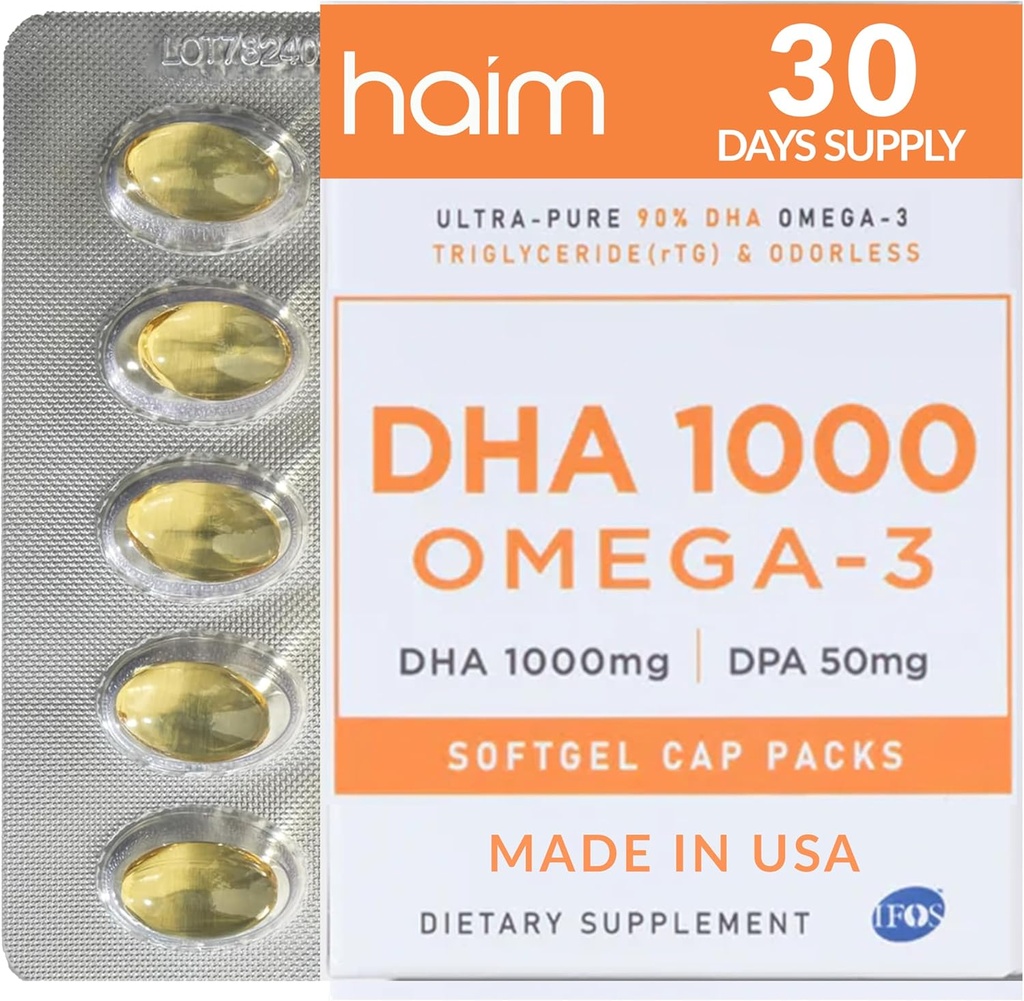 HAIM DHA 1000 Omega-3 Fish Oil - 90% Purity with 1000mg DHA, 50mg DPA - High Potency Fish Oil Supplement for Brain, Eye & Heart Support - Promotes Global Wellness & Focus - 1 Box, 60 Softgels