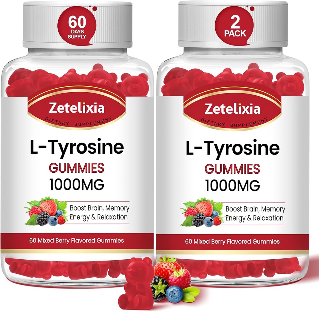 L Tyrosine Gummies 1000mg, L-Theanine Supplement Gummy 200mg, Sugar Free L-Tyrosine with Vitamin B6 Energy Supplements for Adults &amp; Kids - Support Mood Focus Gummies,Brain Memory,120 Count