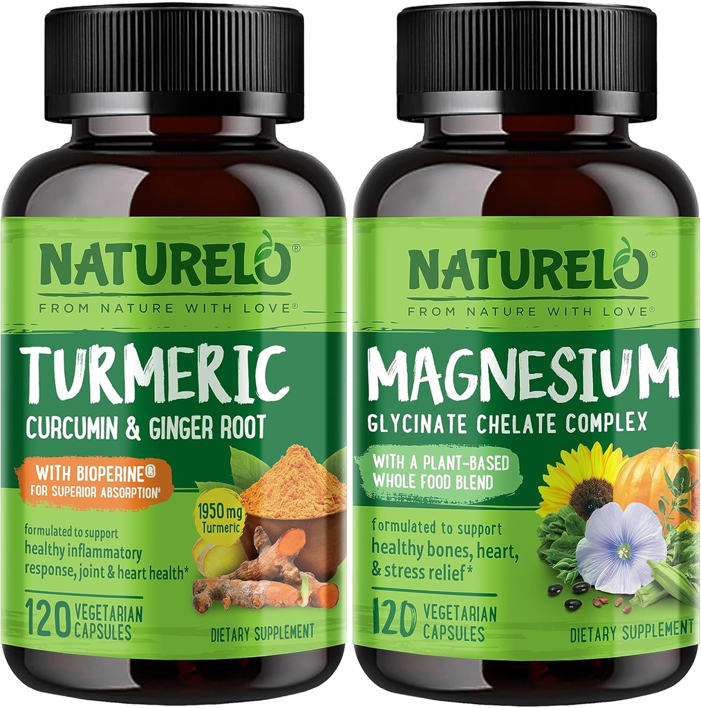 Curcumina tomérica NATURELO, Soporte conjunto basado en plantas, Glycinate de magnesio, 200 mg Magnesio - Gluten Gratis, No GMO - 120 cápsulas