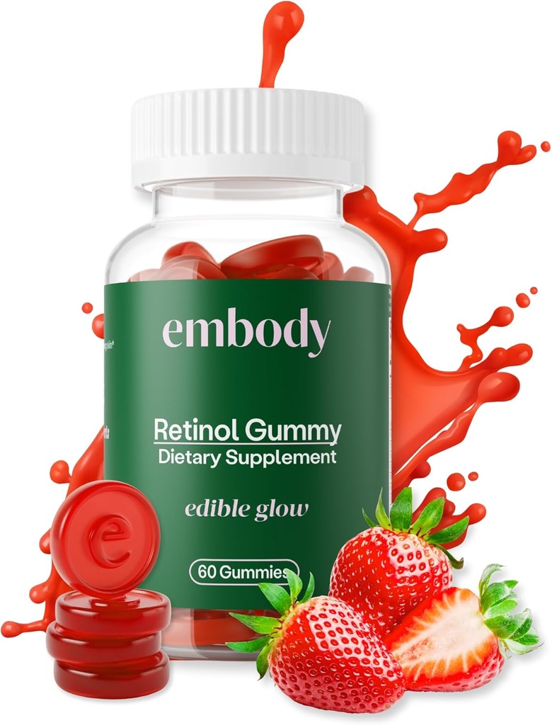 Embody: 60 Skin Gummies Multivitamin Retinol Gummy ← Vitamina A Suplemento para Anti-Aging, Glowing, Joven &amp; Esquía Clara ← Pelo fuerte &amp; uñas con Biotin, Vitamina C, B12 &amp; Zinc