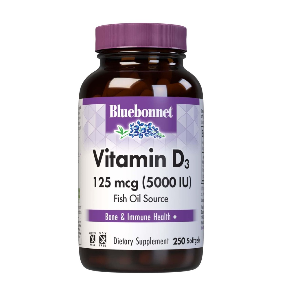 Bluebonnet Nutrition Vitamin D3 5000 IU Softgels, Aids in Muscle and Skeletal Growth, Cholecalciferol from Fish Oil, Non GMO, Gluten Free, Soy Free, Dairy Free, Yellow, 250 Softgels