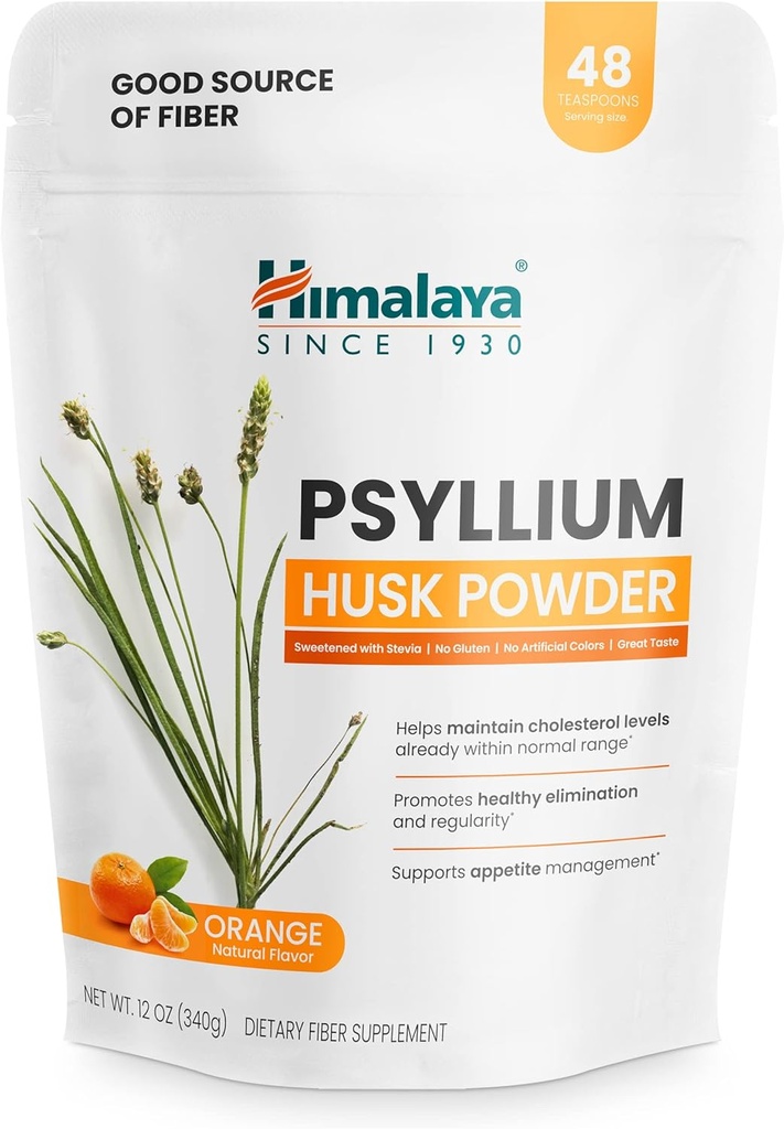 Himalaya Psyllium Husk Powder, Orange, 48 Servings - Suplemento diario de fibra para apoyar la salud y regularidad digestivas - Vegan, No GMO, Sugar Gratis, Gluten Free, 12 oz (340 g)