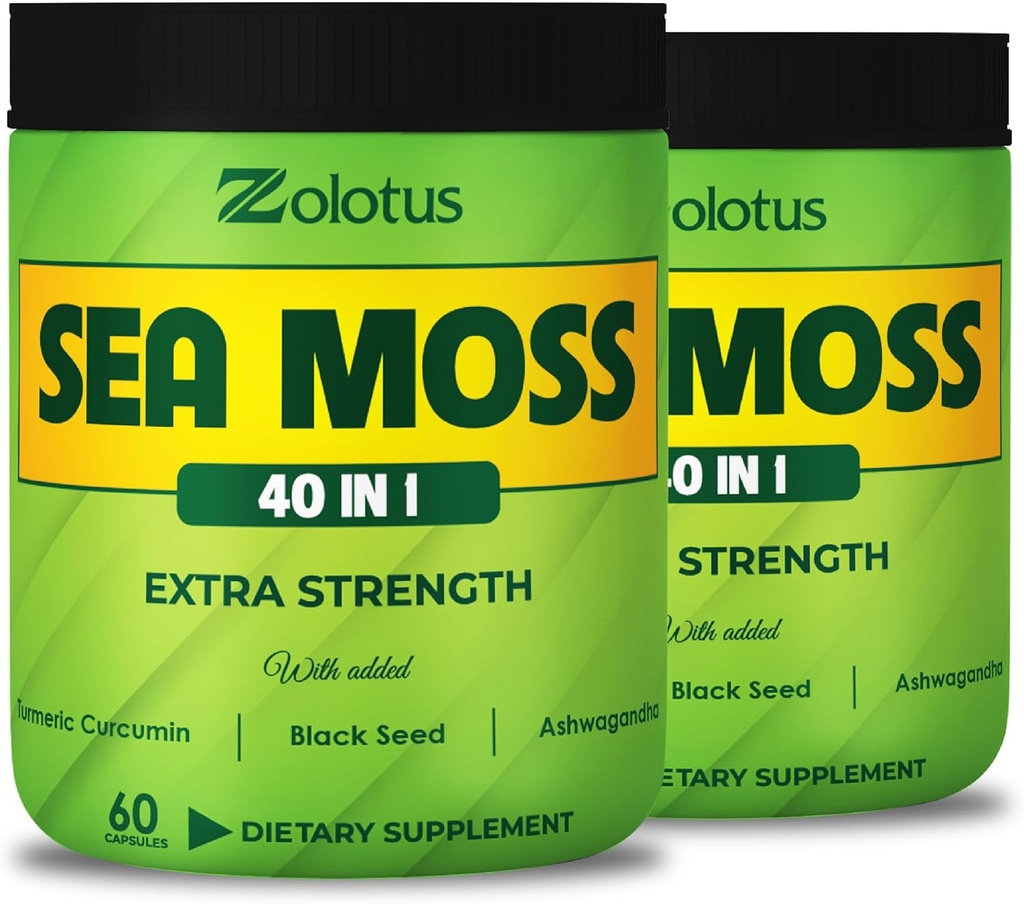 Zolotus (2 Packs 60 Capsules Sea Moss Suplemento 40 en 1, con Turmeric Curcumin, Ashwagandha Root, Bladderwrack for Immune System, Body Balance &amp; Heart Health