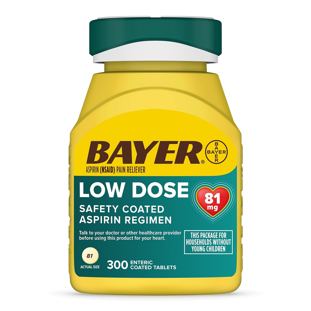 Bayer Aspirin Low Dose 81 mg, Enteric Coated Tablets, Doctor Recommended, Secondary Prevention of Cardiovascular Disease, 300 Safety Coated Tablets (Packaging may vary)