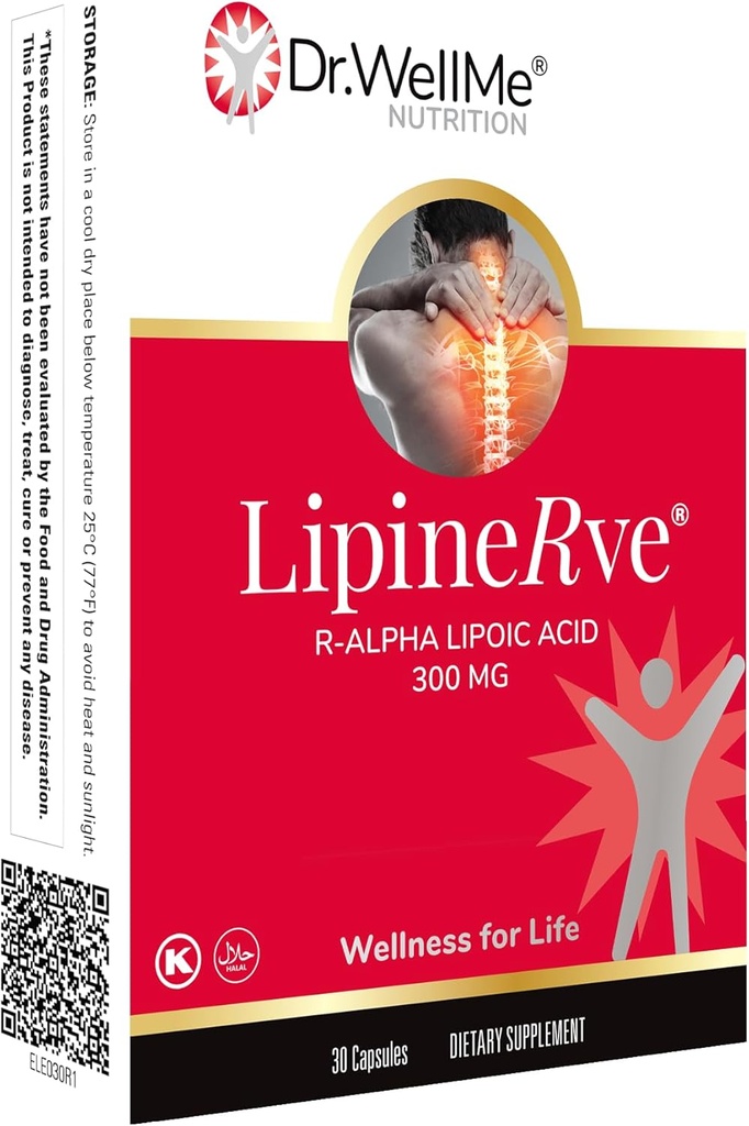 Dr.WellMe Lipinerve R Alpha Lipoic Acid 300mg Capsules Por Serving - un suplemento antioxidante, Kosher viv Halal 30 Conde - Made in USA