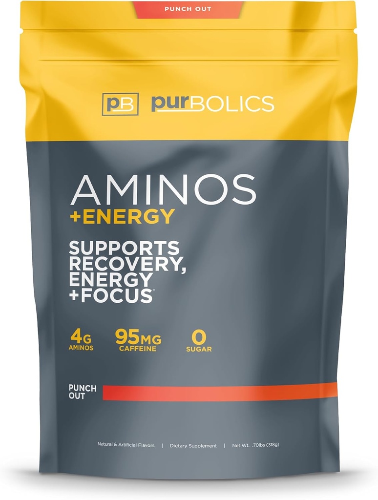 Purbolics Aminos + Energy ¦ apoya la recuperación, la energía y el foco  durable 95mg de la cafeína, 0 Azúcar &amp; 60 servidos (Punch Out)