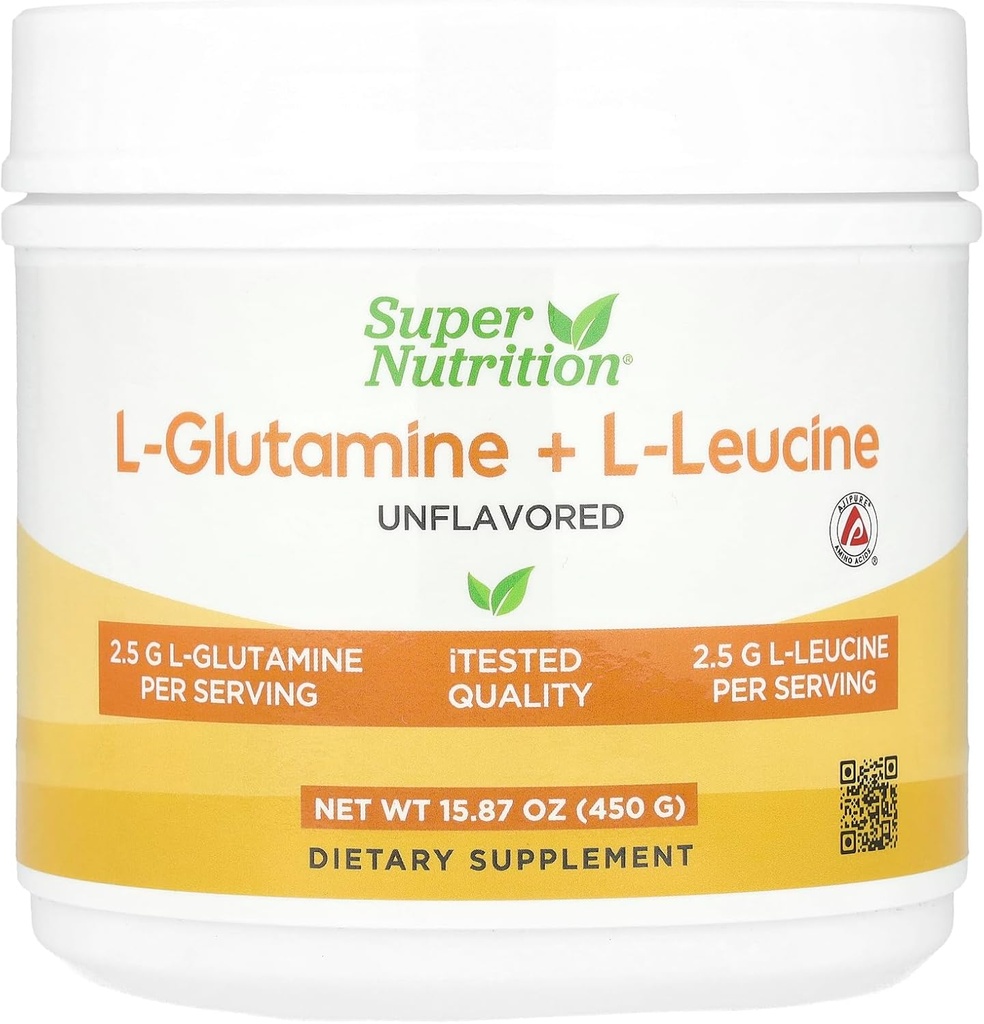 Super Nutrition L-Glutamine + L-Leucine, Desarrollado, 15.87 oz (450 g)