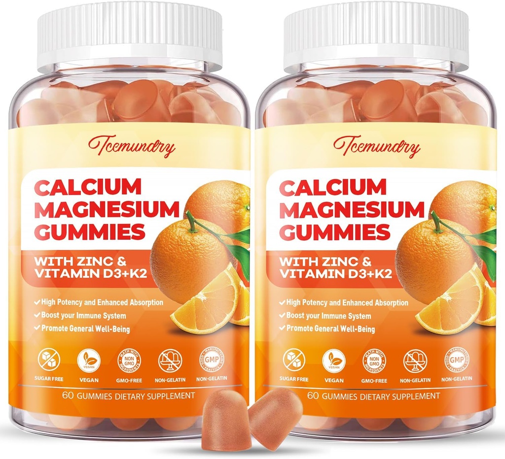 Calcium Magnesium Zinc Gummies with Vitamin D3 & K2 - High Absorption Magnesium Glycinate 400mg - Sugar Free Calcium Supplement - Support Nerve Muscle Mood & Immunity - for Adults Men Women Kids