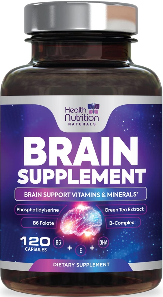 Suplementos cerebrales para la memoria y el foco - Cápsulas nootrópicas de fuerza extra para la concentración, alerta, apoyo cognitivo - fosfatidilserina, DMAE, vitaminas de salud cerebral B6 C E Zinc - 120 cápsulas