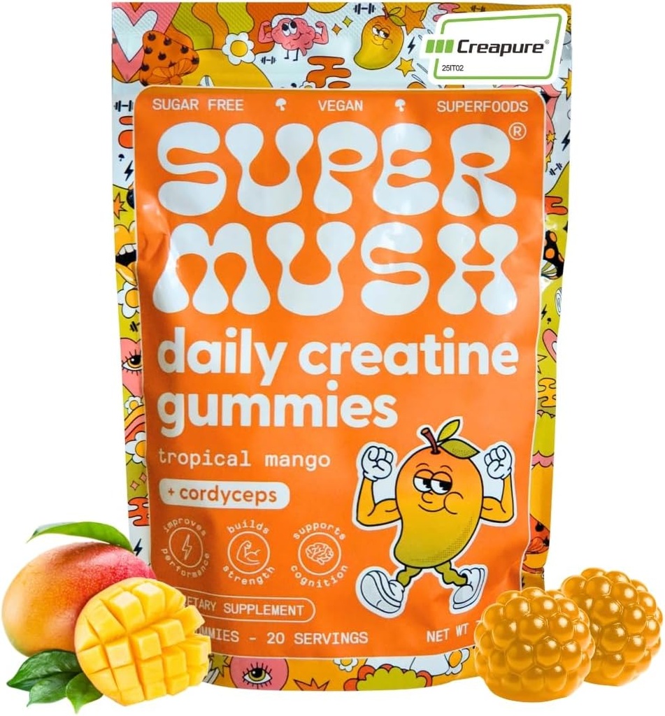 SuperMush Daily Creatine Gummies con Cordyceps - Daily Superfood - Sugar Free Creatine Monohydrate Suplemento para la fuerza, el foco y la recuperación – Vegan Gummy Fórmula, Mango Flavor, oferta de 20 días