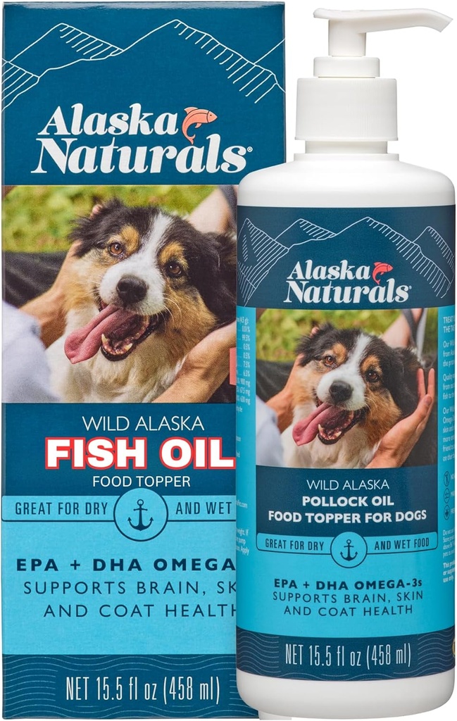 Alaska Naturals Wild Alaskan Fish Oil Supplement for Dogs Skin and Coat with EPA DHA Omega 3 Fatty Acids Sustainable Liquid Food Topper 15.5 oz. Bomba