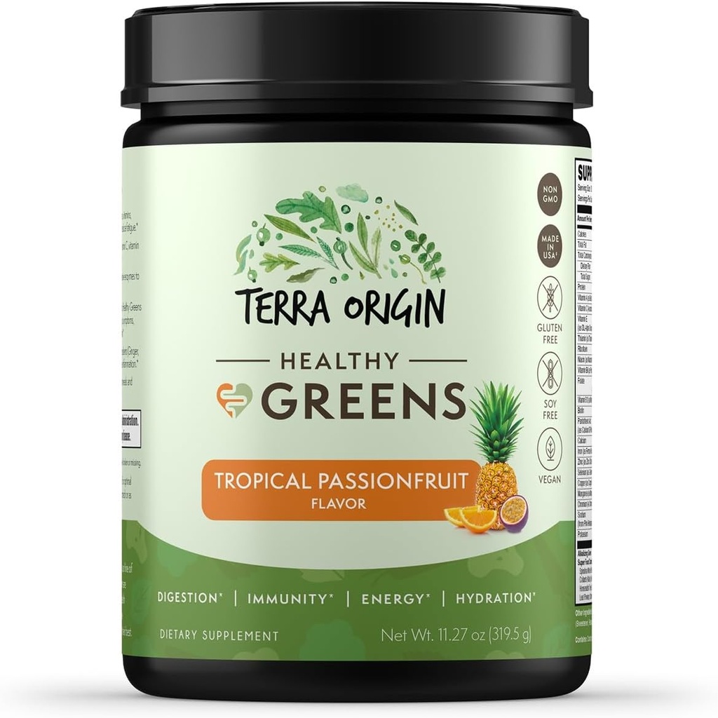 TERRA ORIGIN Healthy Greens Powder Supplement TEN Superfood Digestive Enzyme &amp; Probiotic Blends ← Immune, Gut y Digestive Support for Women TEN Tropical Passion Fruit (30 Servings)