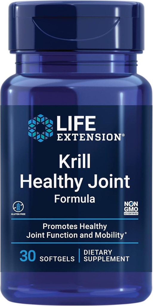Extensión de la vida Krill Forma conjunta saludable, Krill Oil, hyaluronic Acid, The carotenoid astaxanthin for Healthy Joints, Healthy Body, Gluten-Free, Non-GMO, 30 softgels
