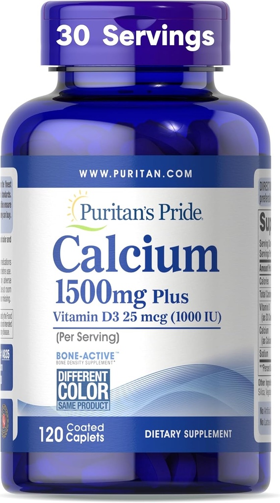 Puritan's Pride Absorbable Calcium 1500 mg Plus Vitamina D3 25mcg 1000 UI, Suplemento dietético para la fuerza de hueso, corazón, nervio, musculo y soporte inmunológico, 120 caplets Coated